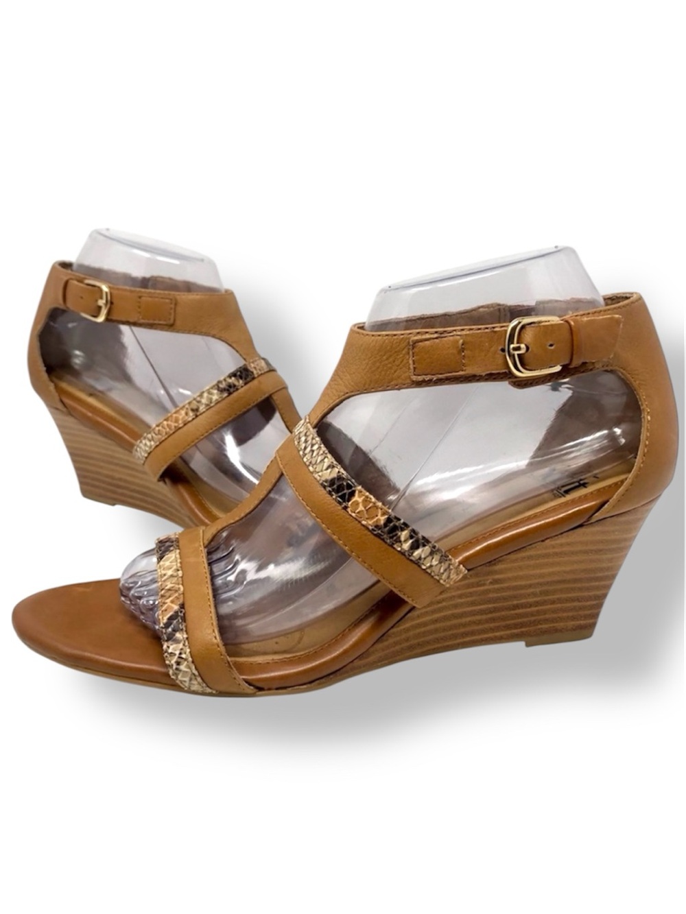 Sofft Pippa Brown Leather Wedge Heels Snake Print Adjustable Buckle Open Toe